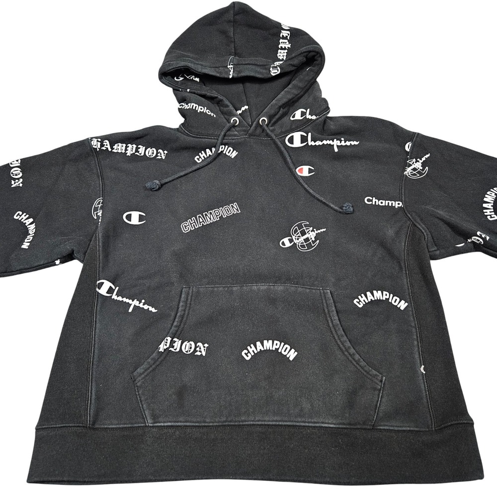 Champion Reverse Weave Hoodie Sz XL Black All Over Print Logo Streetwear AOP